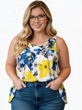 Women's Plus Size Tank Top Loose Fit Sleeveless, BLUE FLORAL PRINT, Size XL